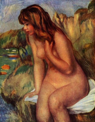 Badende, auf einem Felsen sitzend von Pierre Auguste Renoir